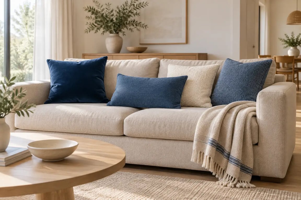 Coussin bleus disposés sur un canapé beige avec différentes formes et matières