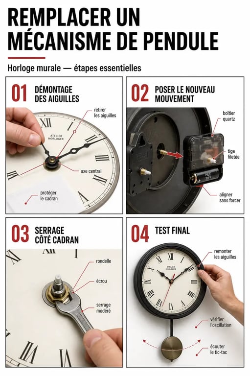 Étapes de remplacement d’un mécanisme pour pendule sur une horloge murale