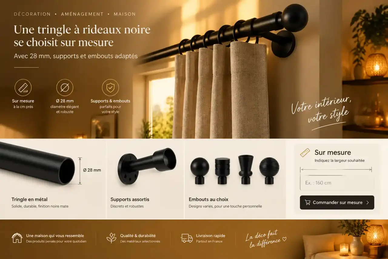 Une tringle à rideaux noire se choisit sur mesure, avec 28 mm, supports et embouts adaptés