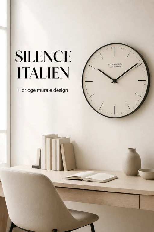 Horloge murale design italien dans une chambre calme avec ambiance apaisée