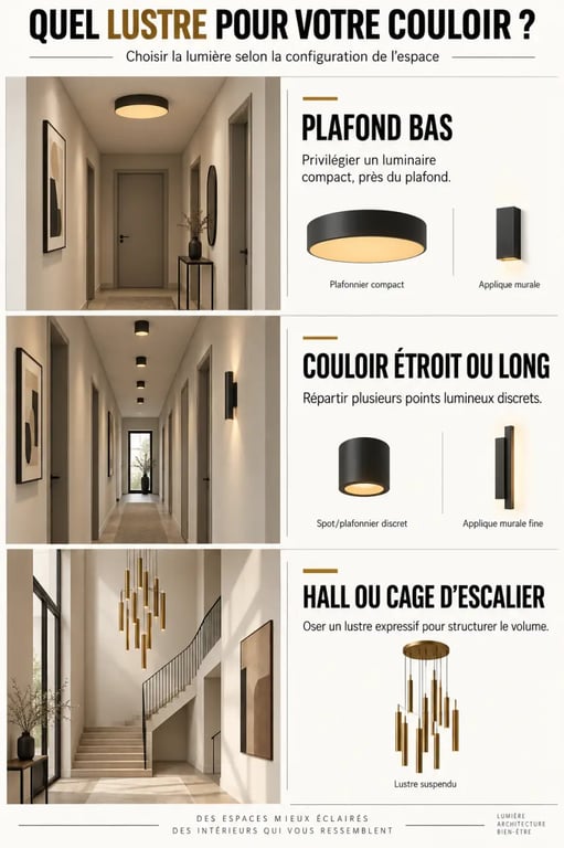 Infographie pour choisir un lustre couloir selon la hauteur du plafond et la largeur de l’espace