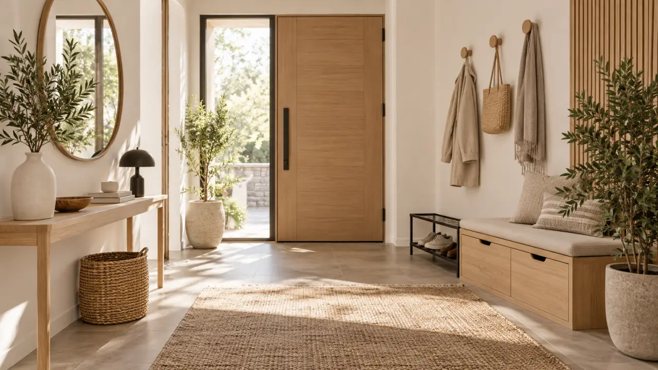 Entrée contemporaine et fonctionnelle avec banc en bois, miroir et rangements discrets