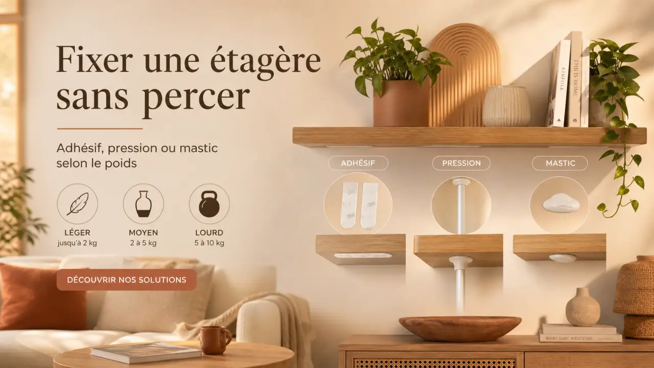 Fixer une étagère sans percer : adhésif, pression ou mastic selon le poids