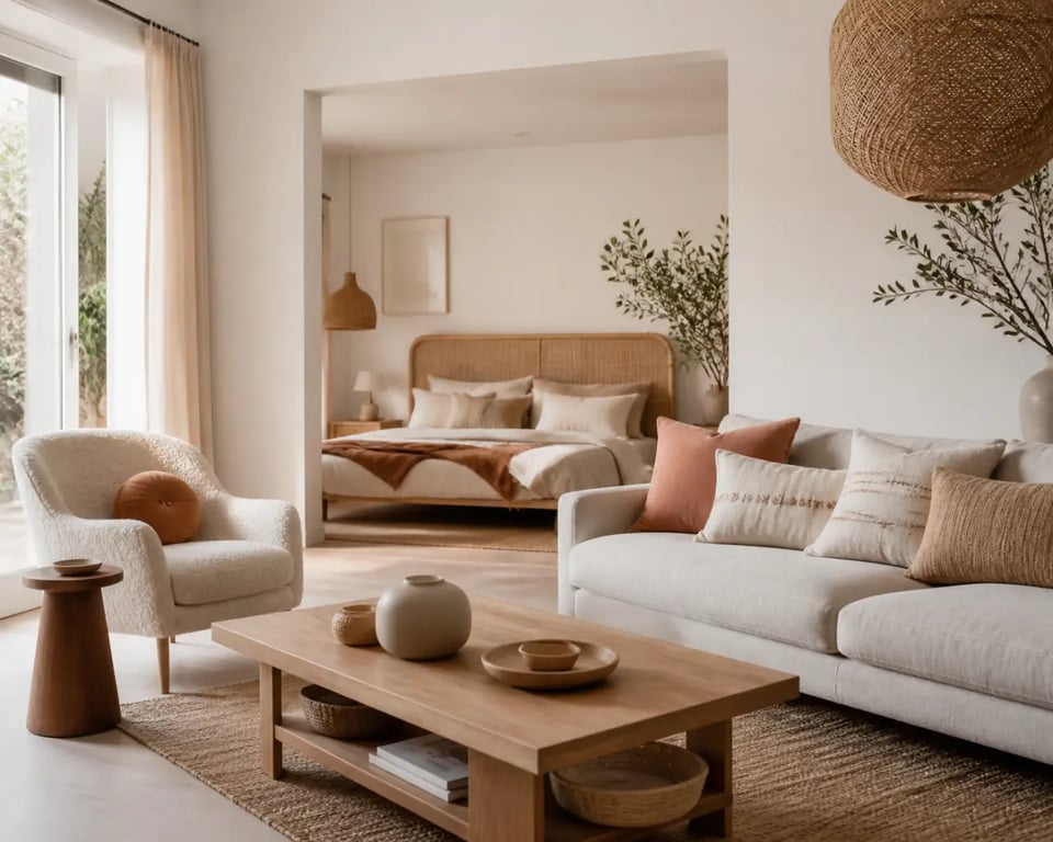 Salon décoré avec un coussin boheme sur canapé, fauteuil et lit pour visualiser les formats