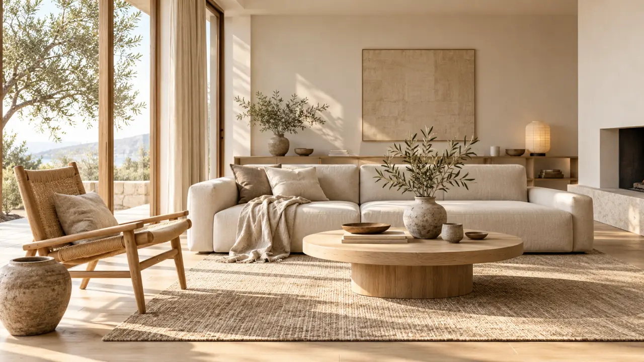 Salon japandi chaleureux avec canapé beige, bois clair et objets décoratifs texturés