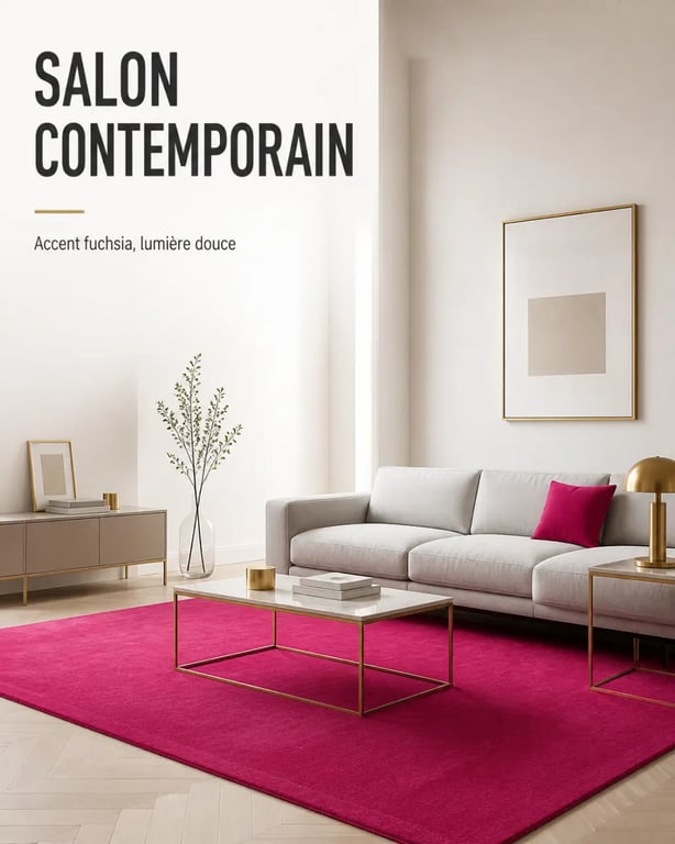 Tapis rose fushia dans un salon contemporain avec canapé gris et touches dorées