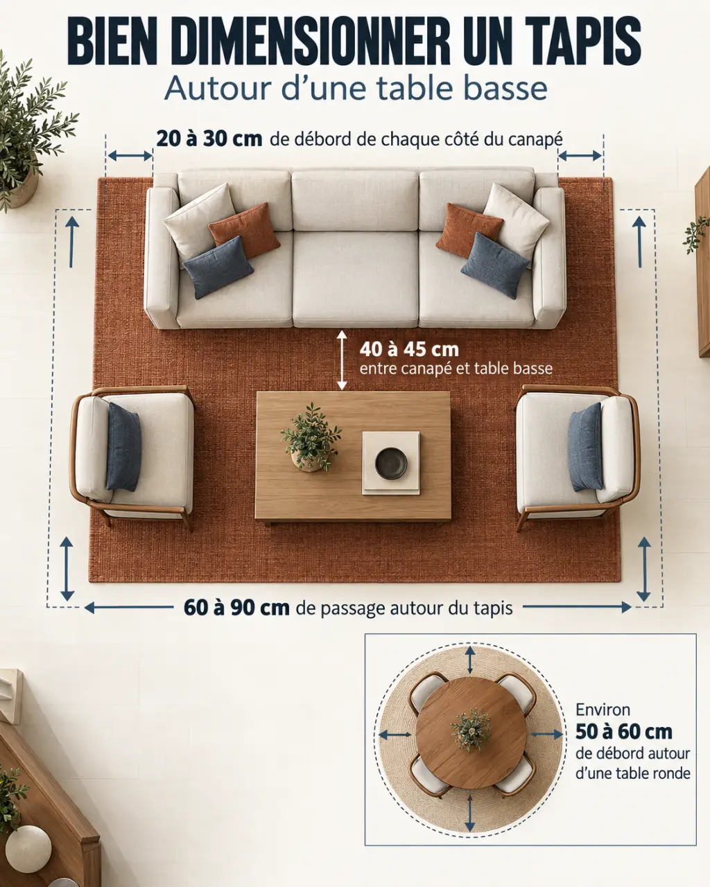 Infographie table basse tapis avec dimensions et distances de placement dans un salon