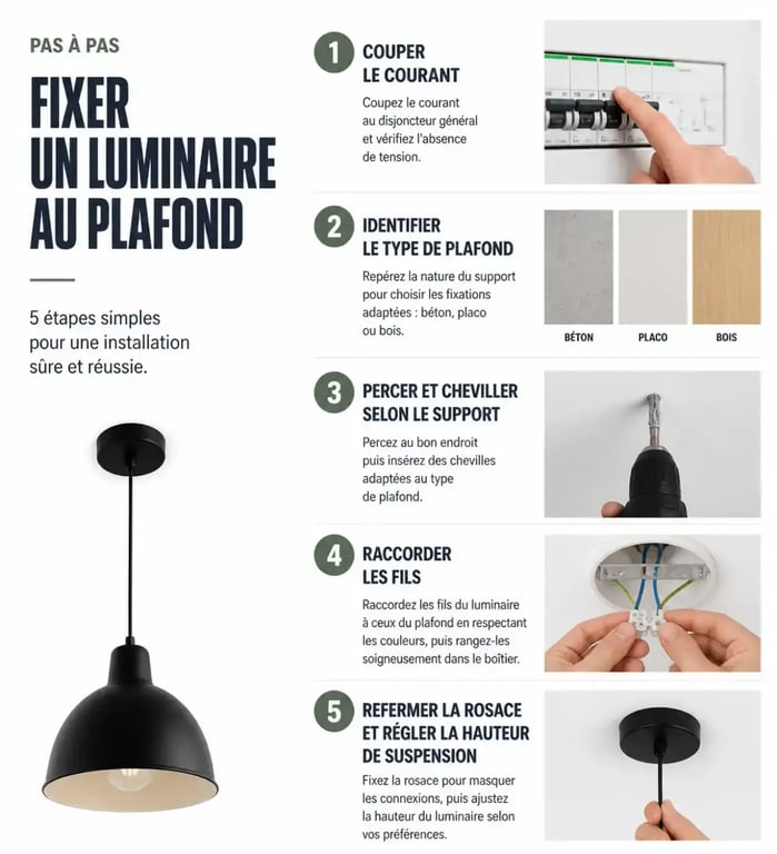 Fixation luminaire plafond : étapes de pose illustrées du plafond au luminaire