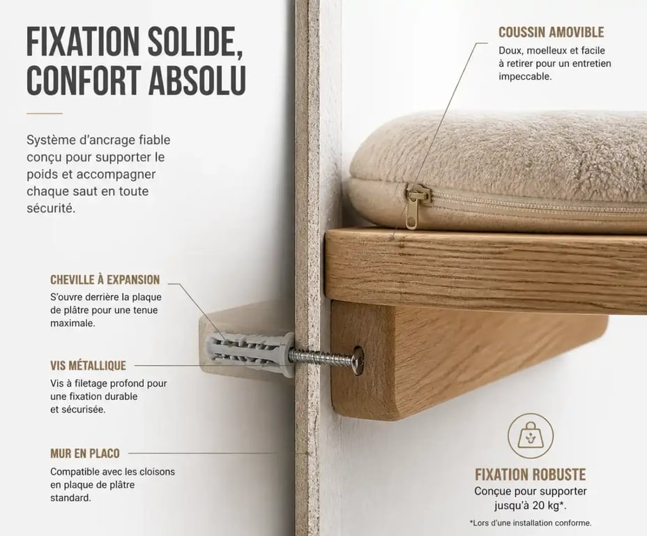 Détail de fixation solide d'une étagère murale chat avec cheville et coussin amovible