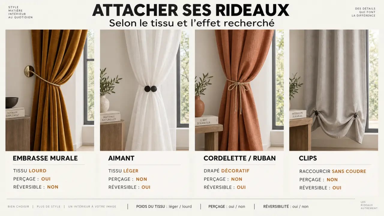 Idées pour attacher ses rideaux selon le tissu, le poids et le besoin de perçage