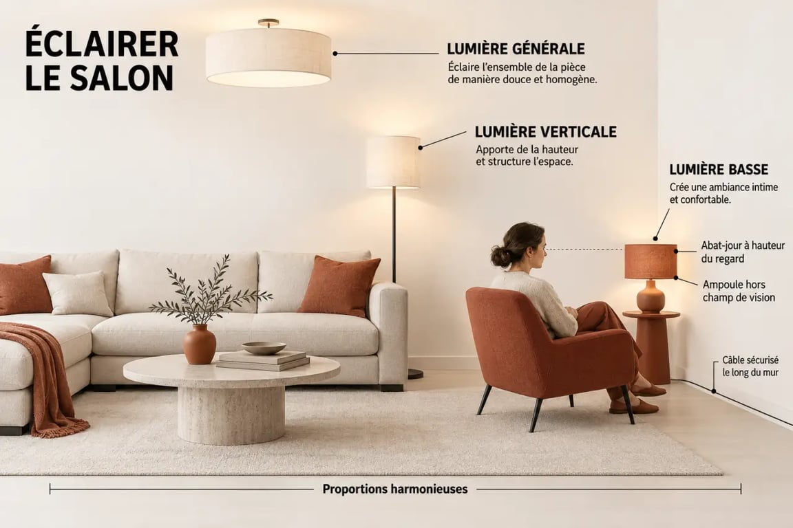 Mise en situation d’une lampe à poser pour salon avec éclairage complémentaire et proportions adaptées