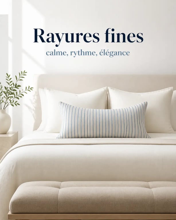 Coussin rayures dans une chambre avec lit et banquette au style apaisant