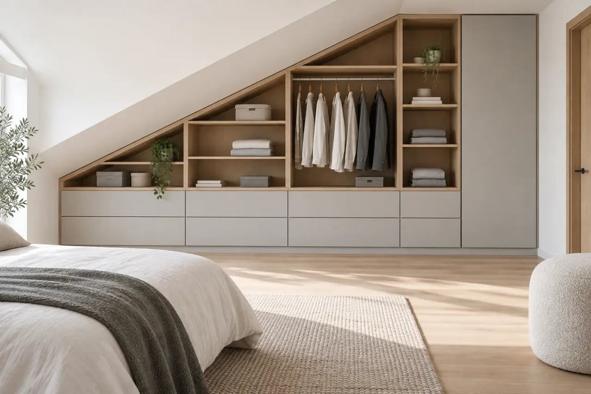 Mur de rangement sur mesure sous pente avec tiroirs, penderie et étagères dans une chambre