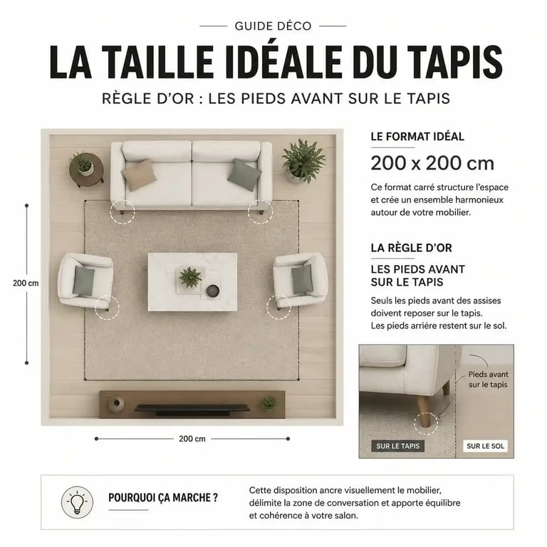 Schéma de placement idéal pour un tapis 200x200 cm dans un salon