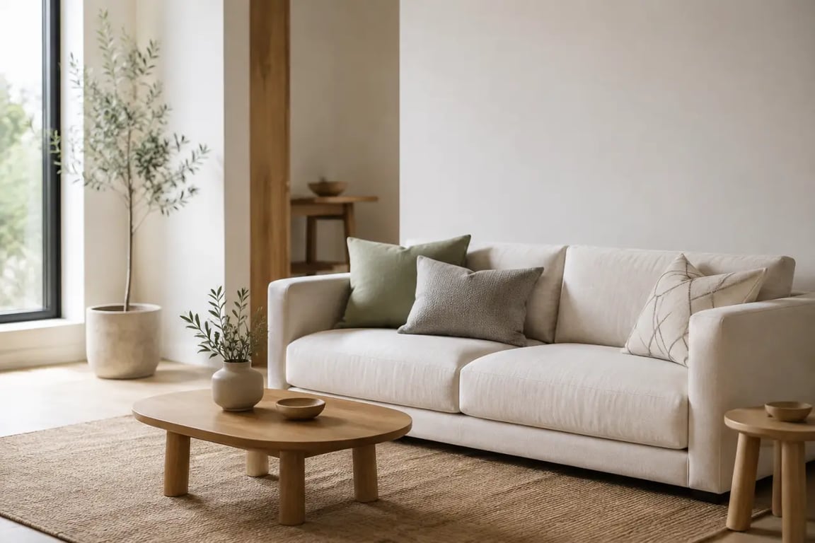 Coussin scandinave dans un salon lumineux aux tons beige, gris et vert sauge