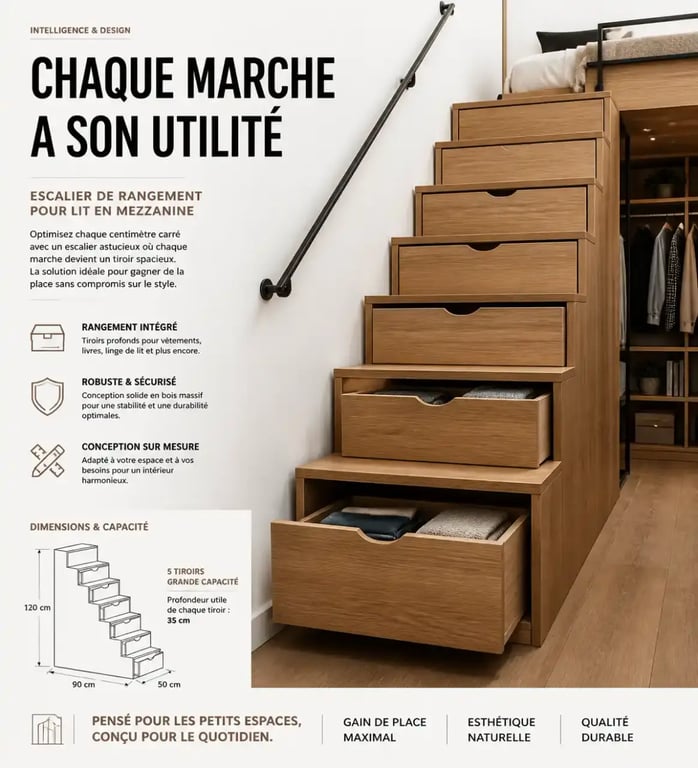 Escalier de rangement intégré sous un lit mezzanine, solution de rangement pour mezzanine