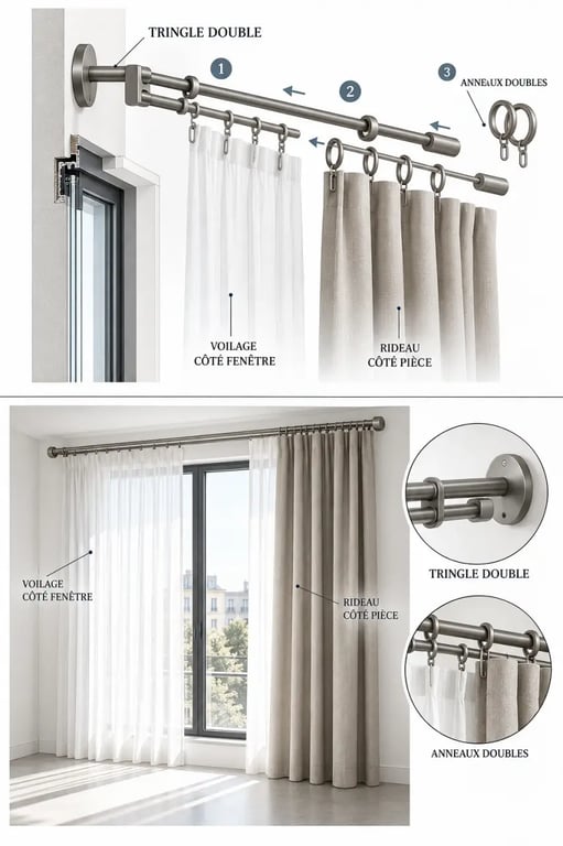 Installation d'un rideau et d'un voilage sur même tringle avec voilage côté fenêtre