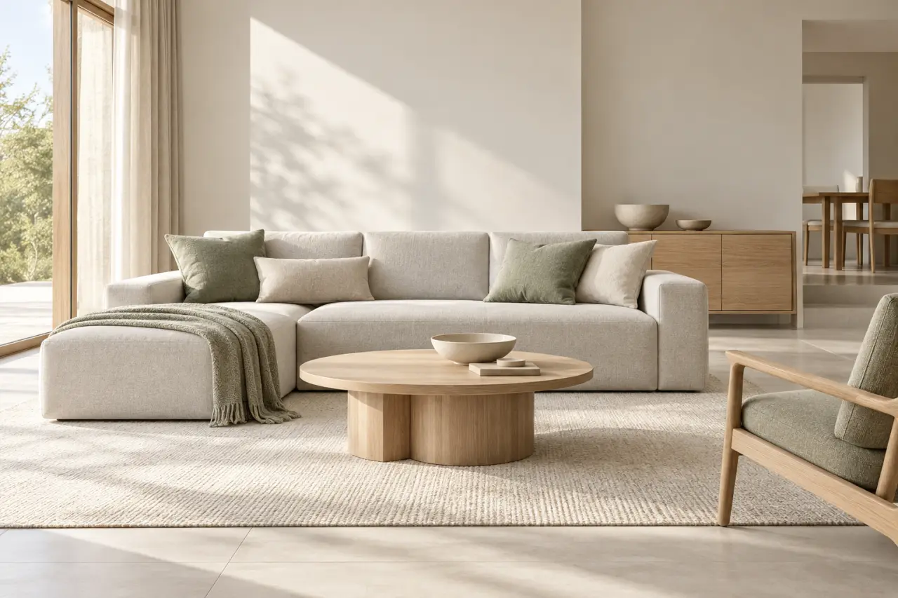 Salon en déco scandinave cocooning avec bois clair, textiles doux et palette lumineuse