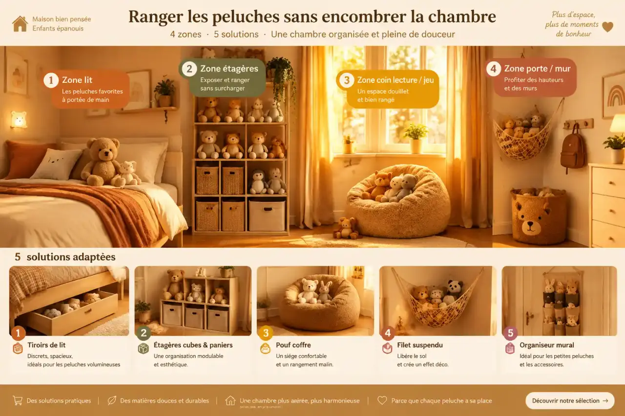 Ranger les peluches sans encombrer la chambre : 4 zones et 5 solutions adaptées