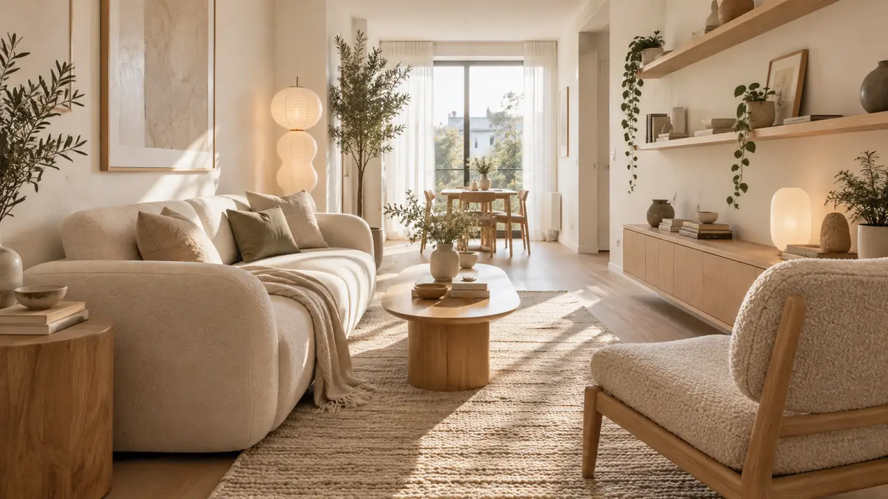 Salon étroit lumineux aménagé dans un style contemporain et chaleureux