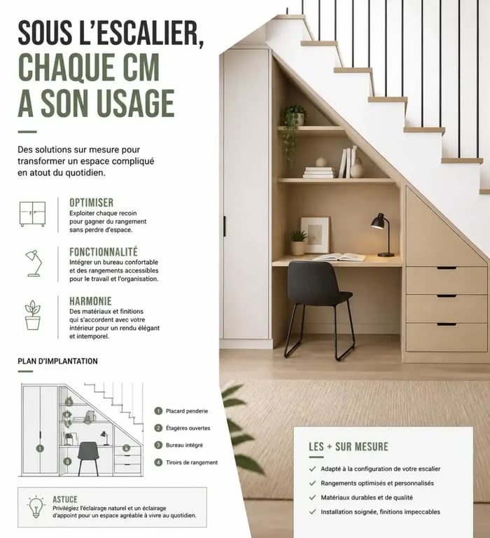 Optimisation d'un angle perdu sous un escalier avec un bureau sur mesure