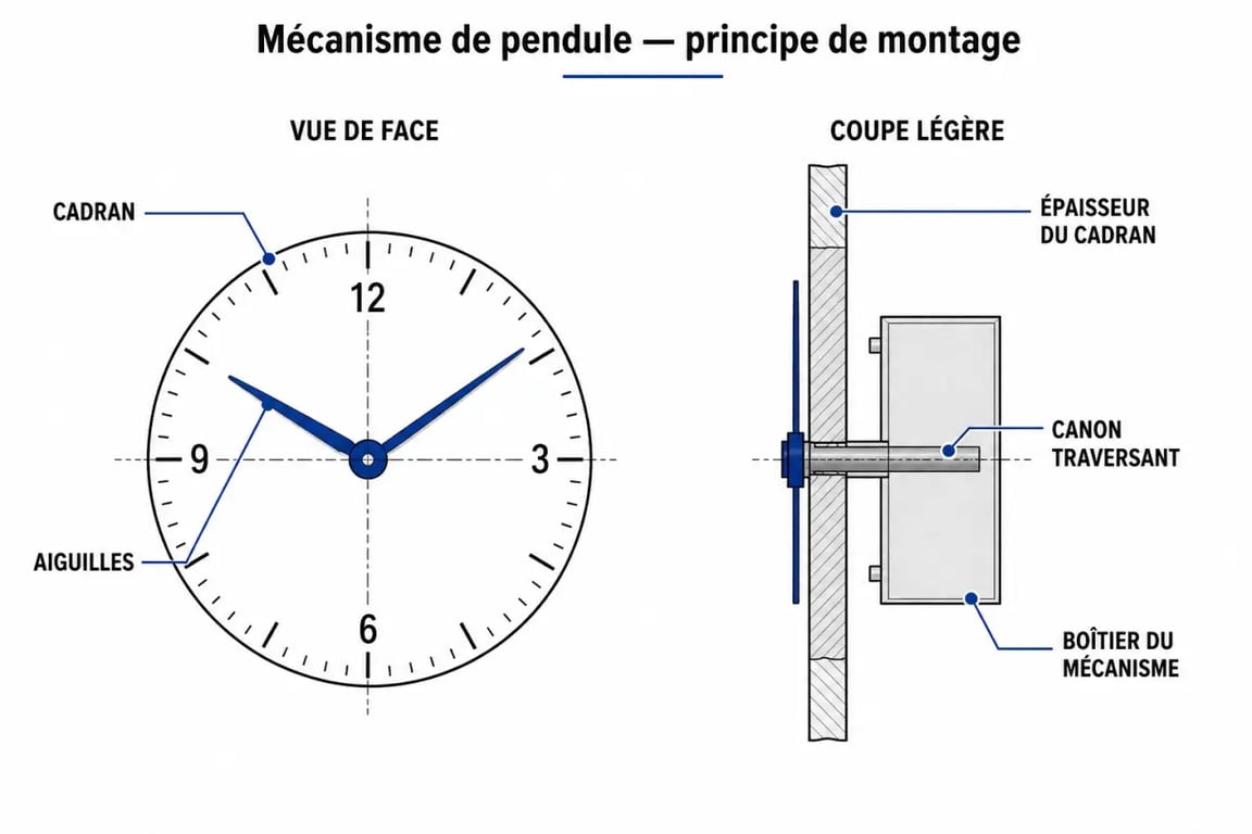 Schéma d’un mécanisme pour pendule montrant le canon, le cadran et les aiguilles