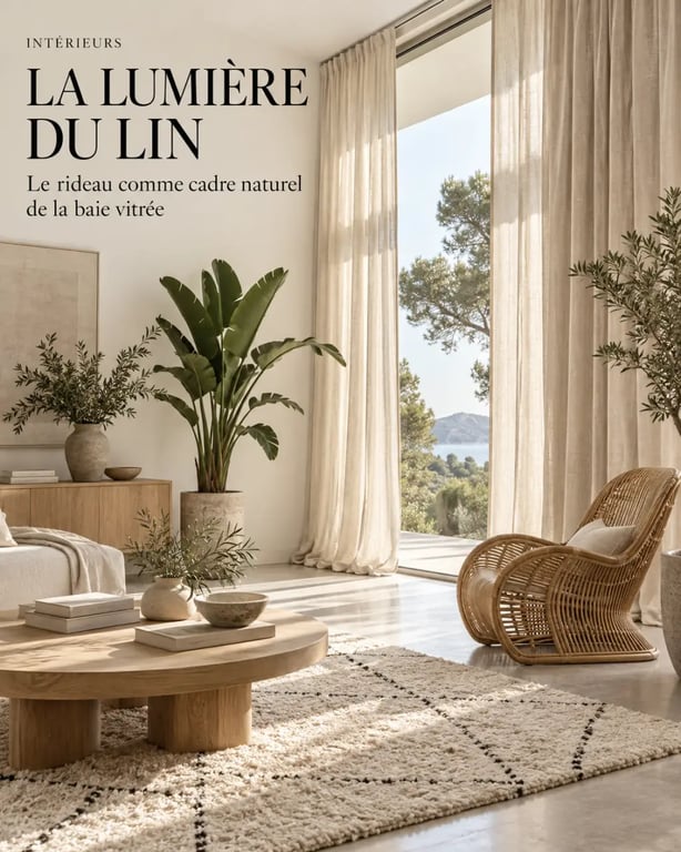 Rideaux bohème en lin beige dans un salon lumineux avec décoration naturelle