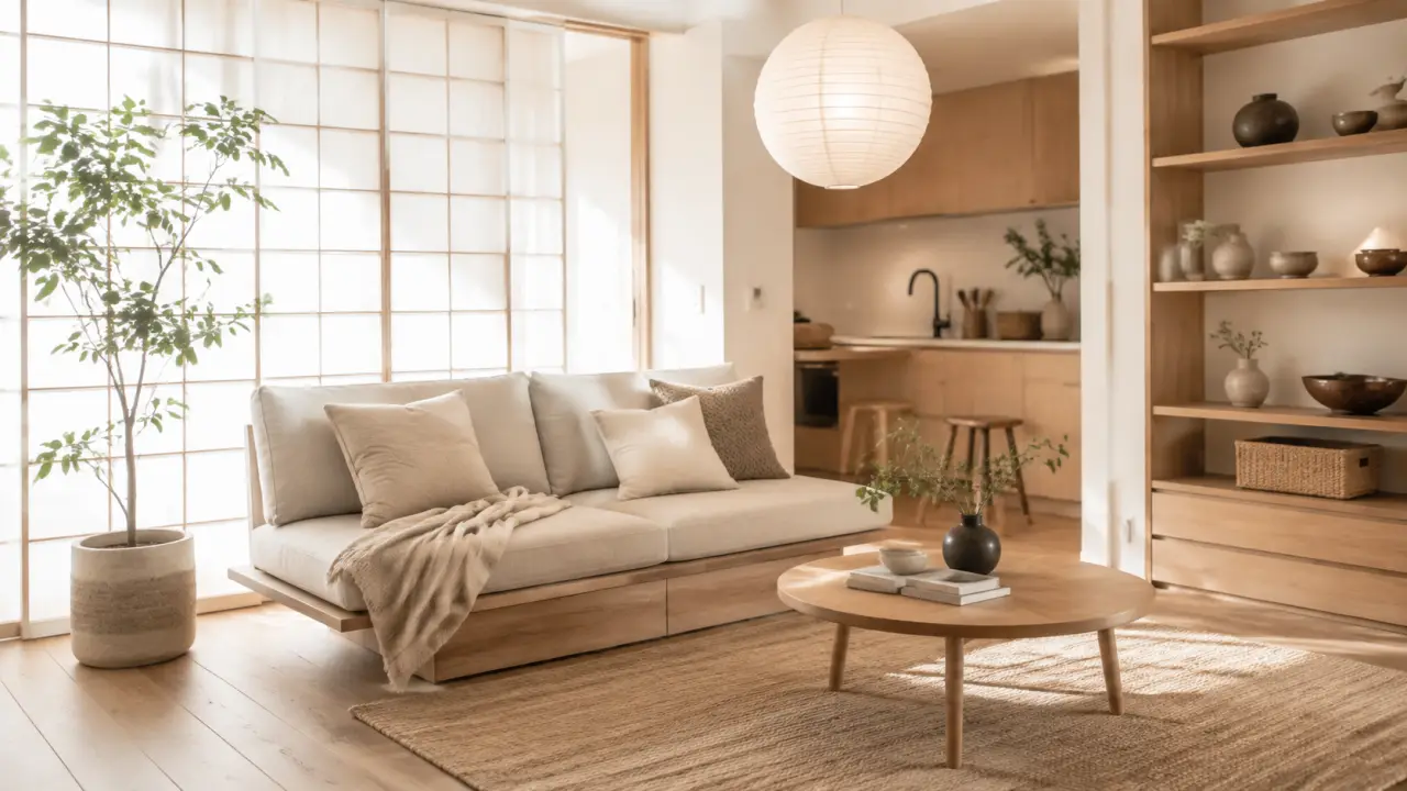 Salon japandi en petit espace, composition bento avec canapé beige, céramique texturée et bois clair