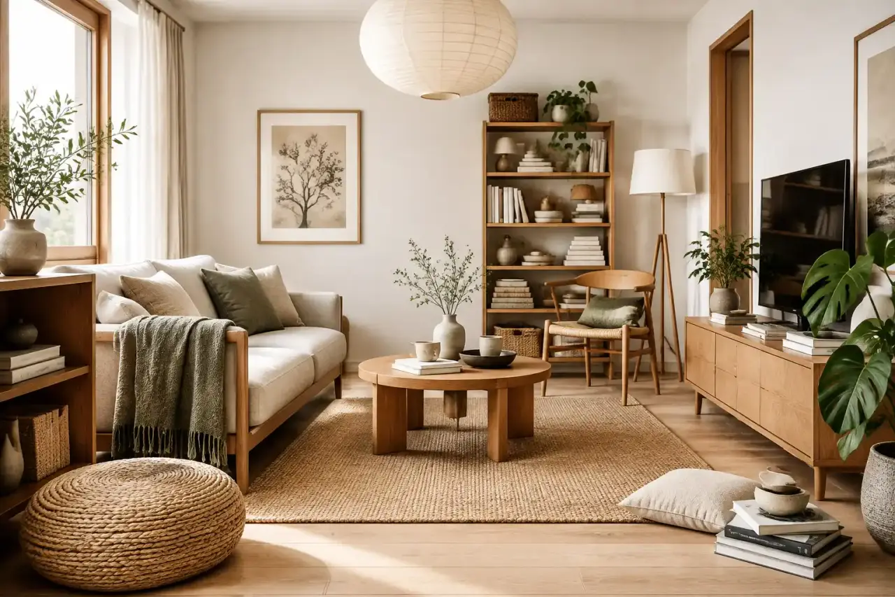 Petit salon japandi lumineux avec canapé beige, bois clair et objets déco minimalistes