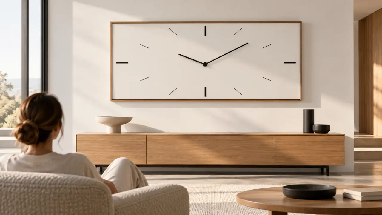 Horloge murale rectangulaire horizontale au-dessus d'un buffet dans un intérieur contemporain