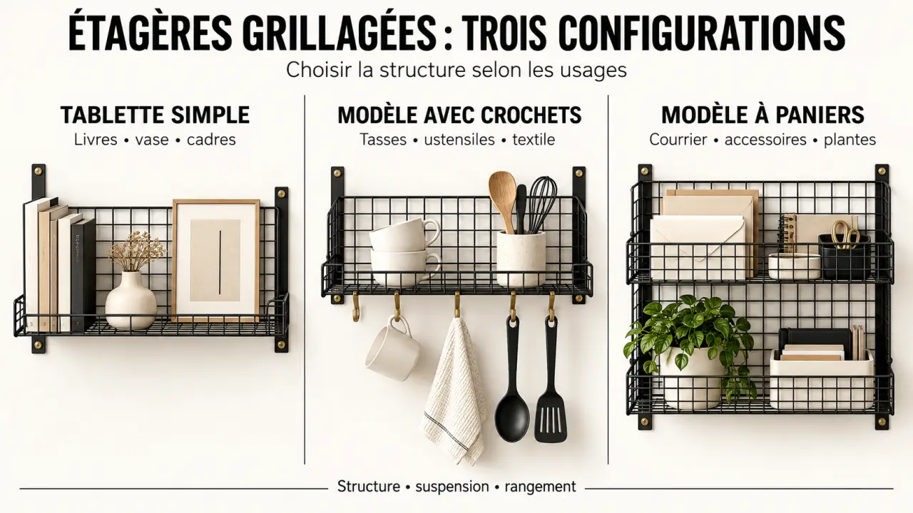 Étagère mural grillage simple, avec crochets ou paniers selon les besoins de rangement