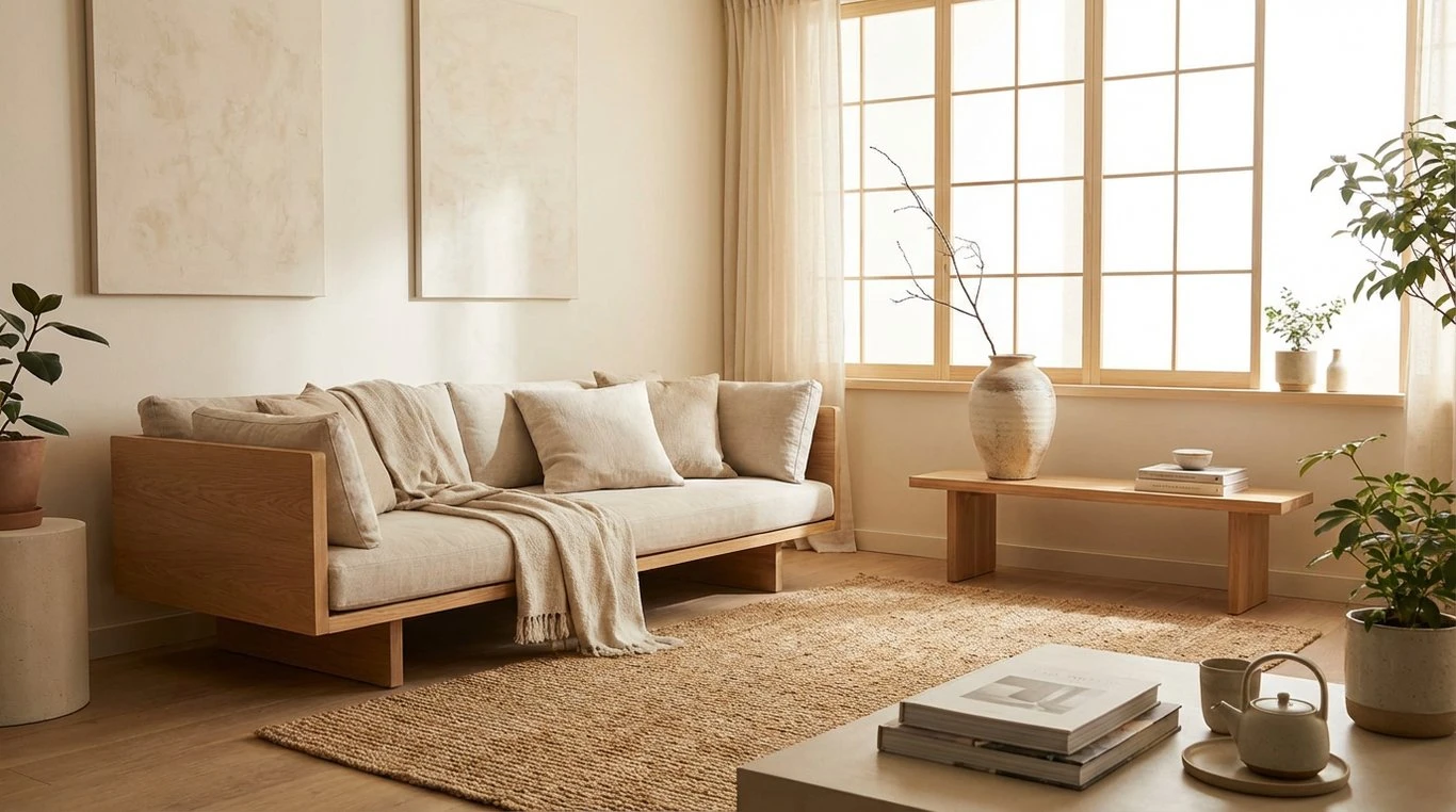Intérieur zen minimaliste bois clair et céramiques japonaises