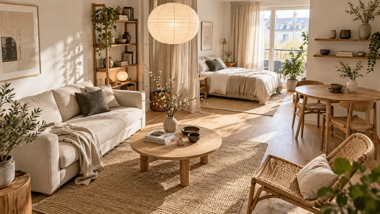 Studio chaleureux décoré dans un style japandi avec bois clair, textiles beiges et mobilier minimaliste