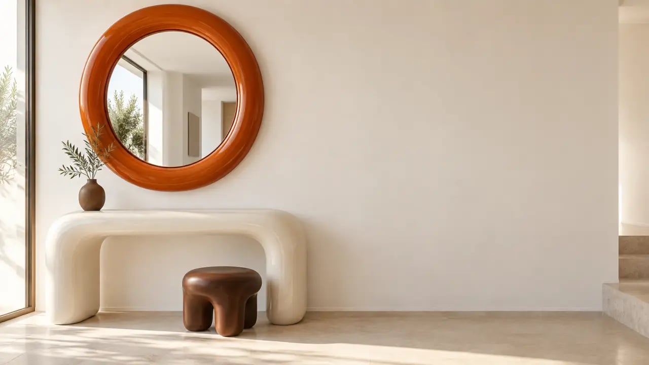 Miroir année 70 orange de style Space Age dans une entrée contemporaine