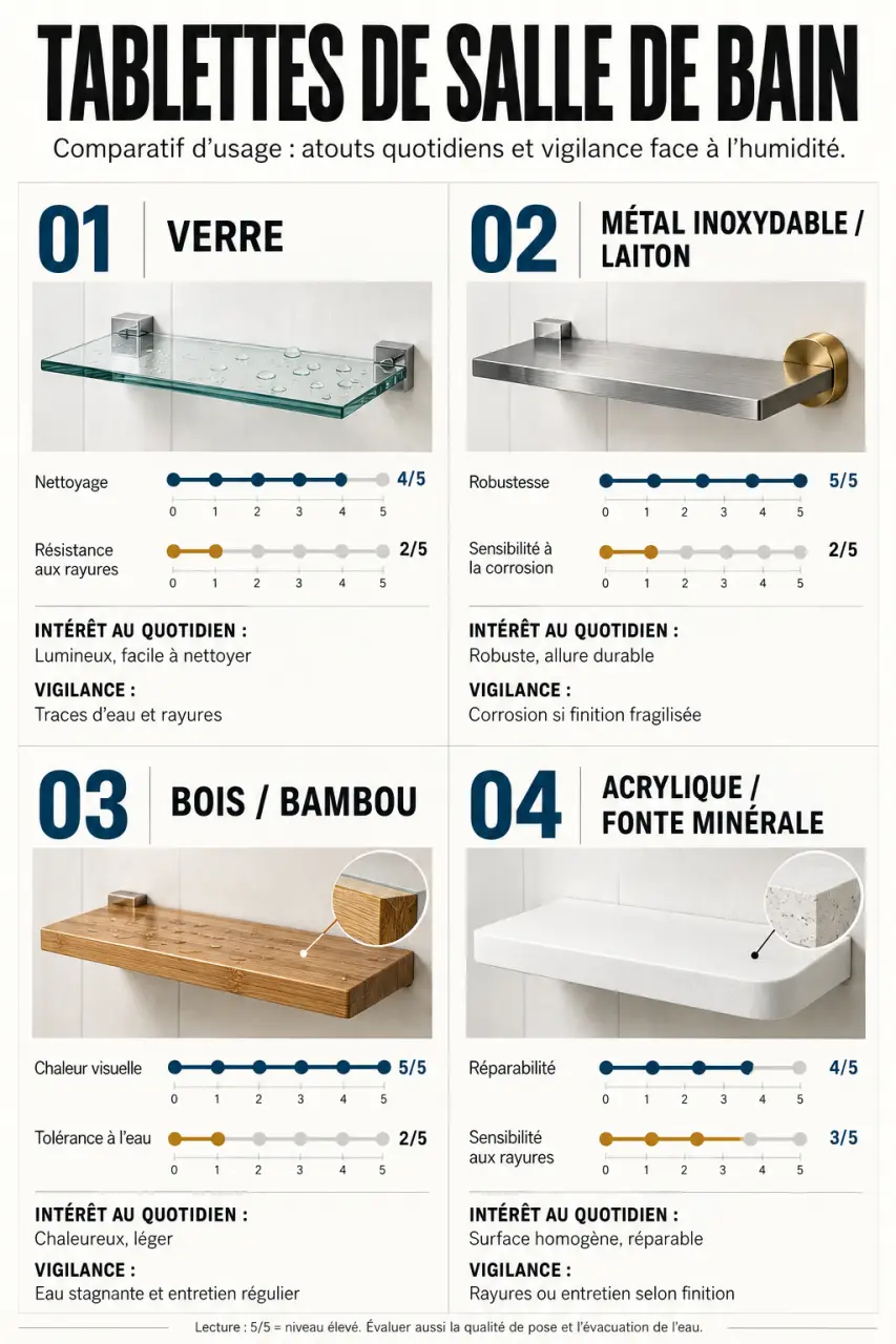 Salle de bain tablette : comparaison visuelle des matériaux adaptés à l’humidité