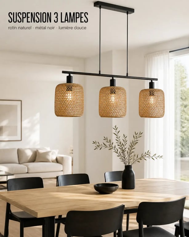 Suspension 3 lampes en rotin et métal noir au-dessus d’une table à manger