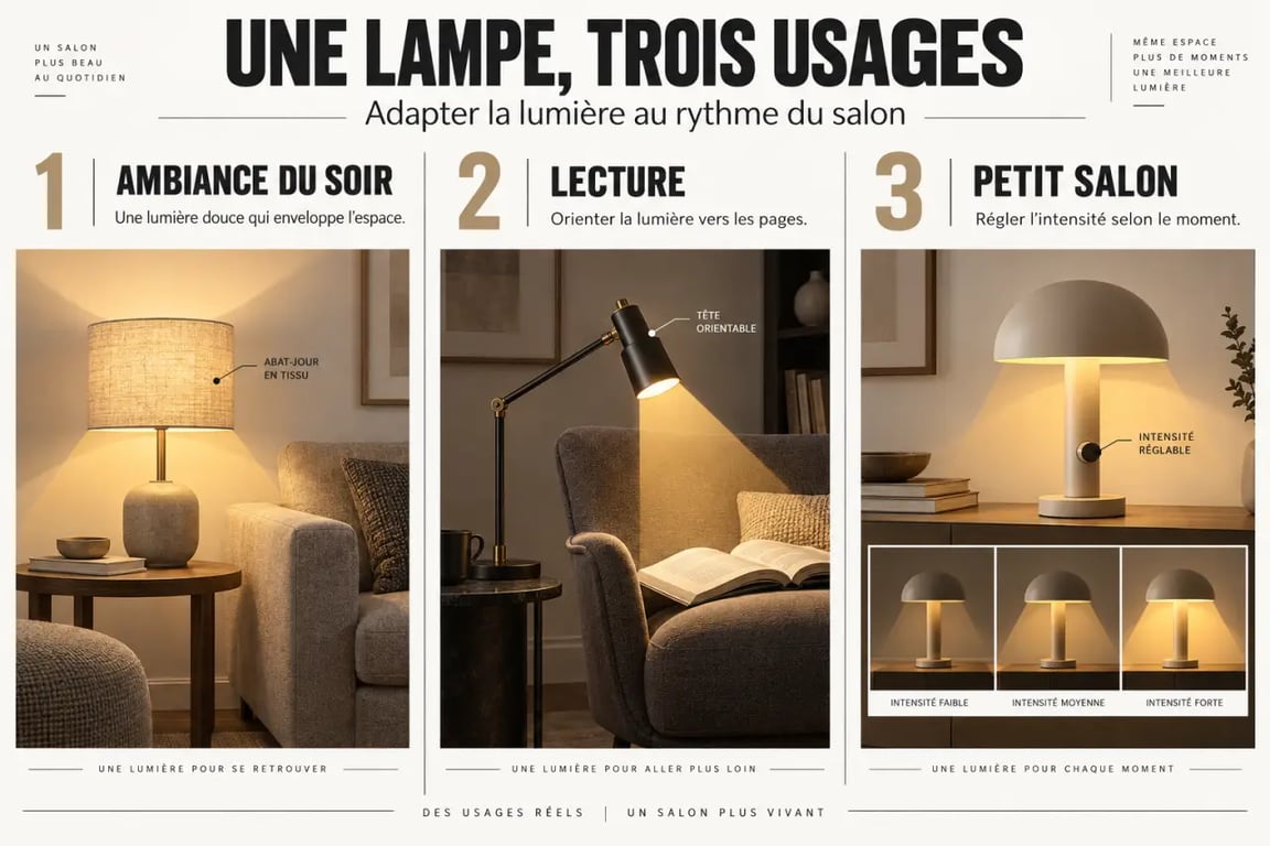 Infographie sur les usages d’une lampe à poser pour salon et les types de lumière adaptés