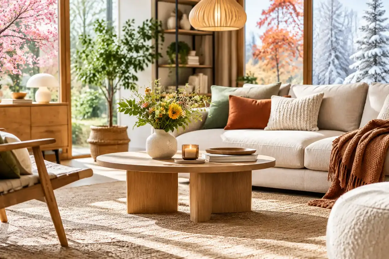 Intérieur chaleureux et sensoriel évoluant au fil des saisons