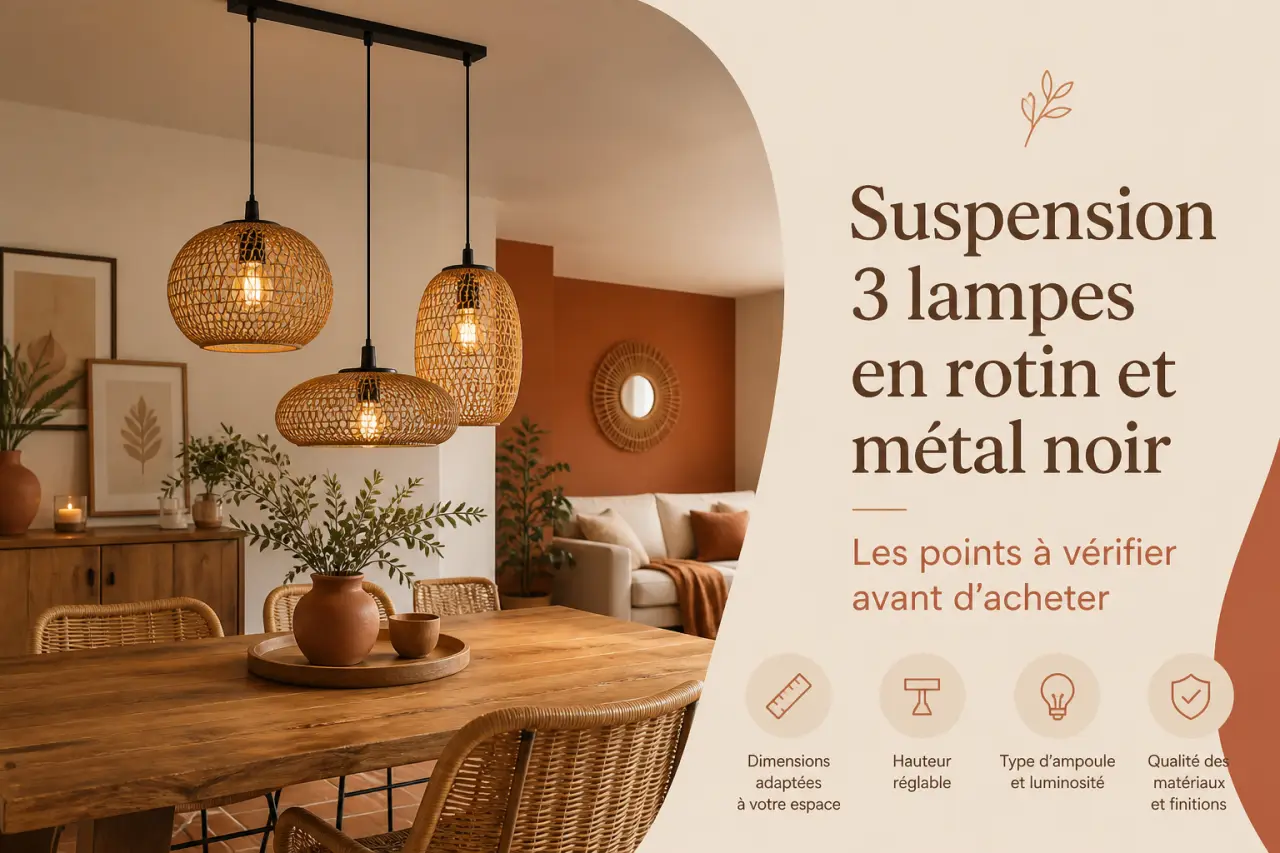 Suspension 3 lampes en rotin et métal noir : les points à vérifier avant d’acheter