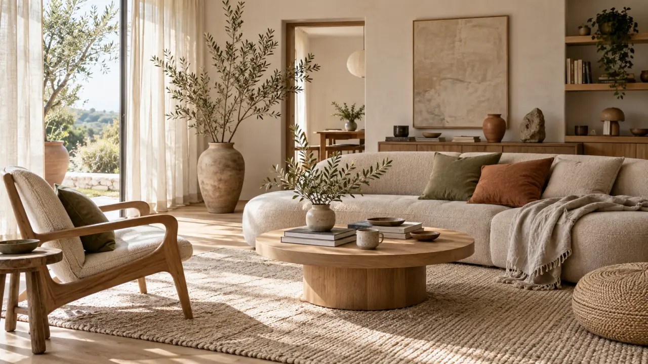 Salon japandi lumineux avec canapé beige, bois clair et objets en céramique